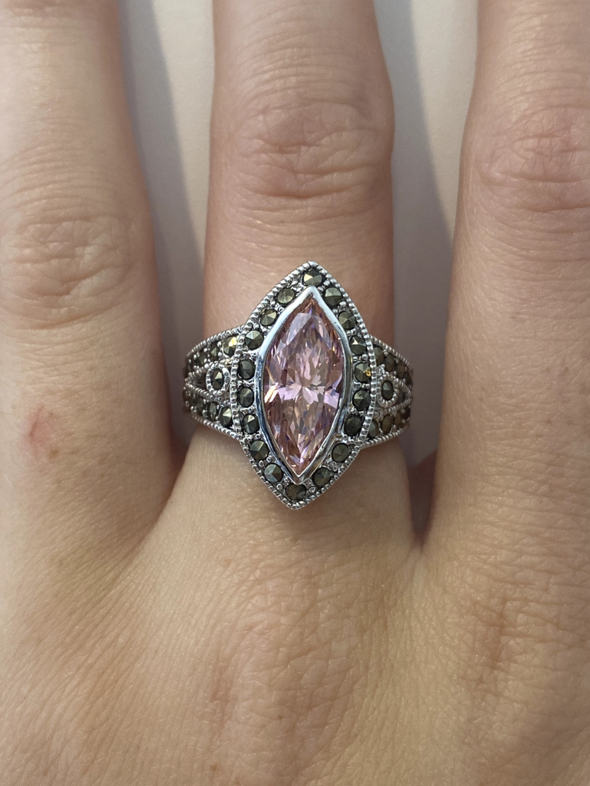 Charming Pink Marquise Cut Crystal Statement Ring Brass Silvertone Size 7