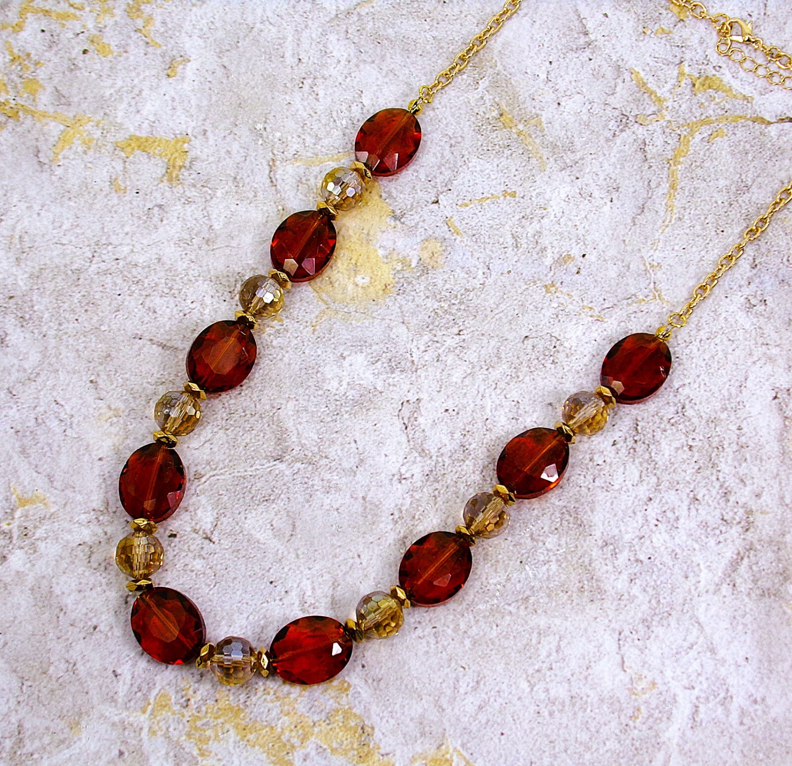 Brown and Beige all Glass Bead Necklace Oval and Round Beads Elegant Dressy New