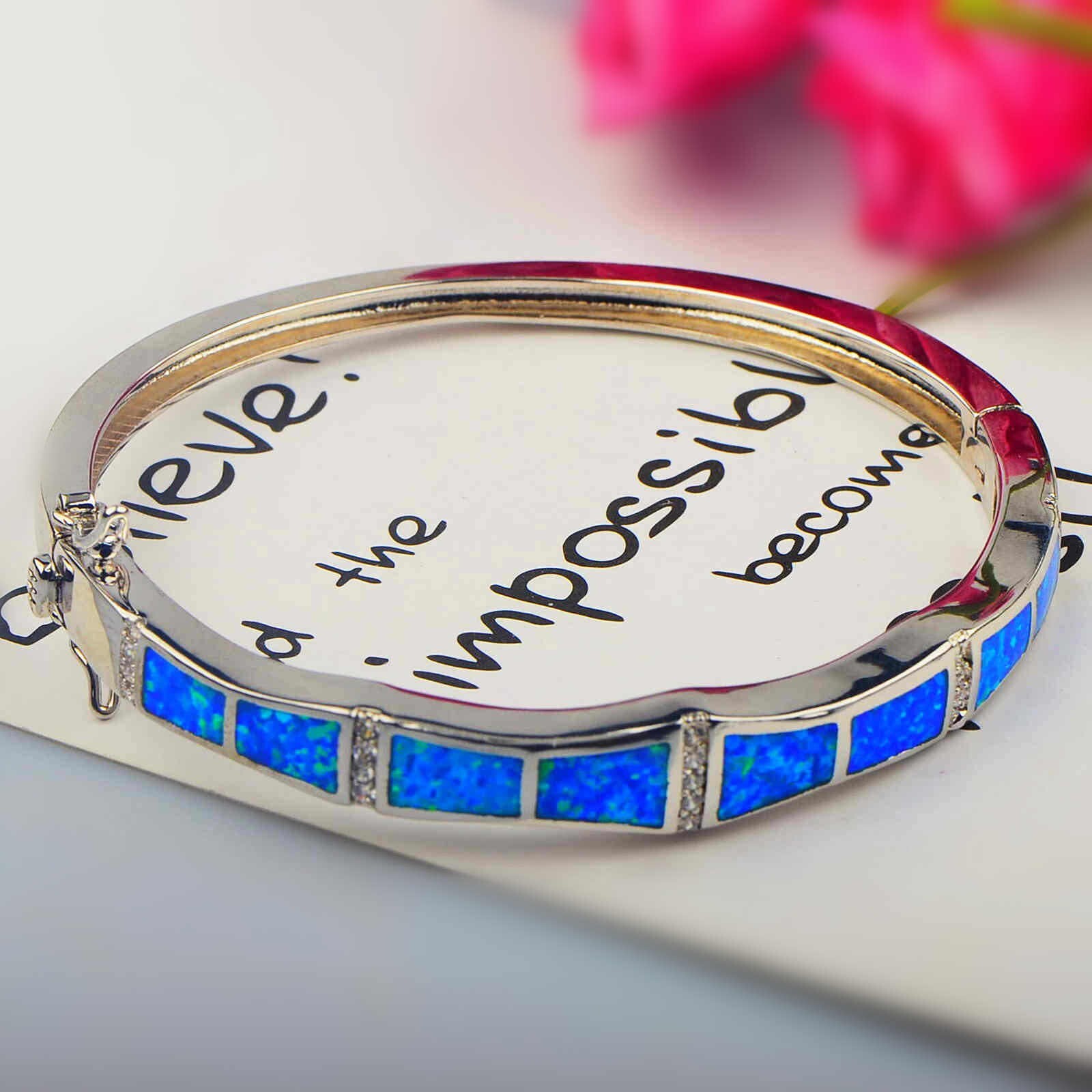 Hawaii Blue Opal Bar Cuff Bangles 925 Sterling Sliver Jewelry For Women Girls
