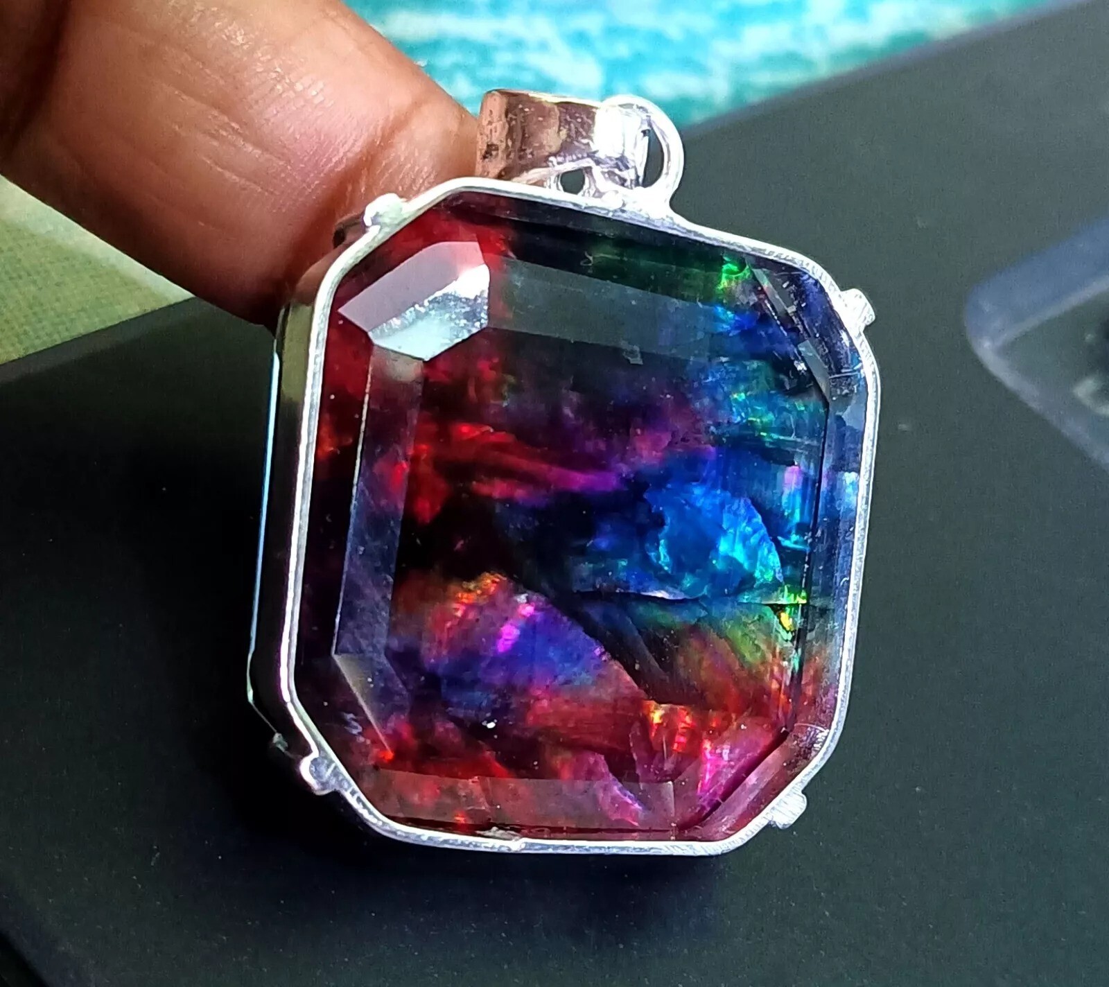 Ammolite Natural Pendant 90.24 Ct Loose Gemstone Asscher Cut 925 Sterling Silver