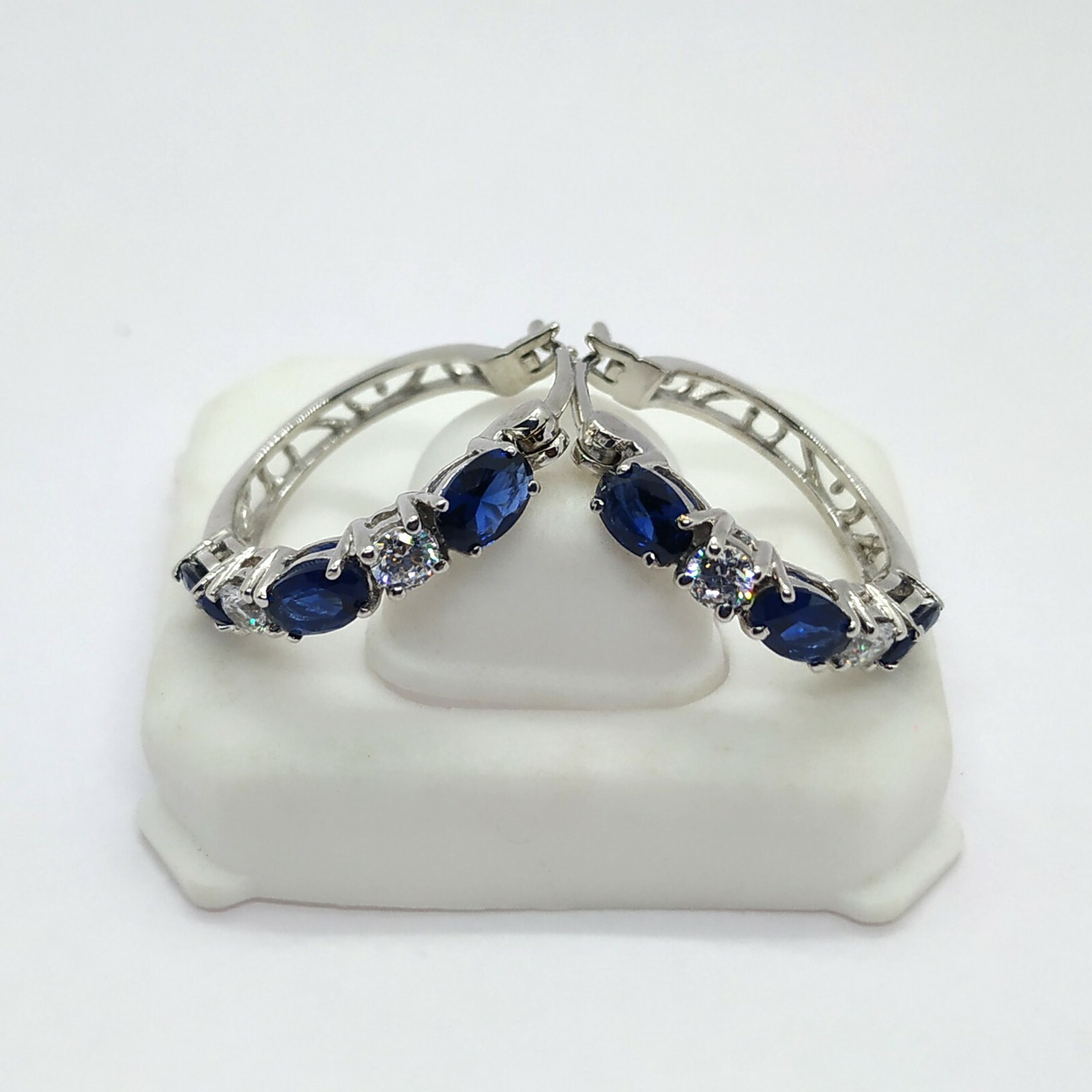 2.10 Ct Simulated Sapphire Hoop Earrings With Cz in 14K White Gold Plated Brass