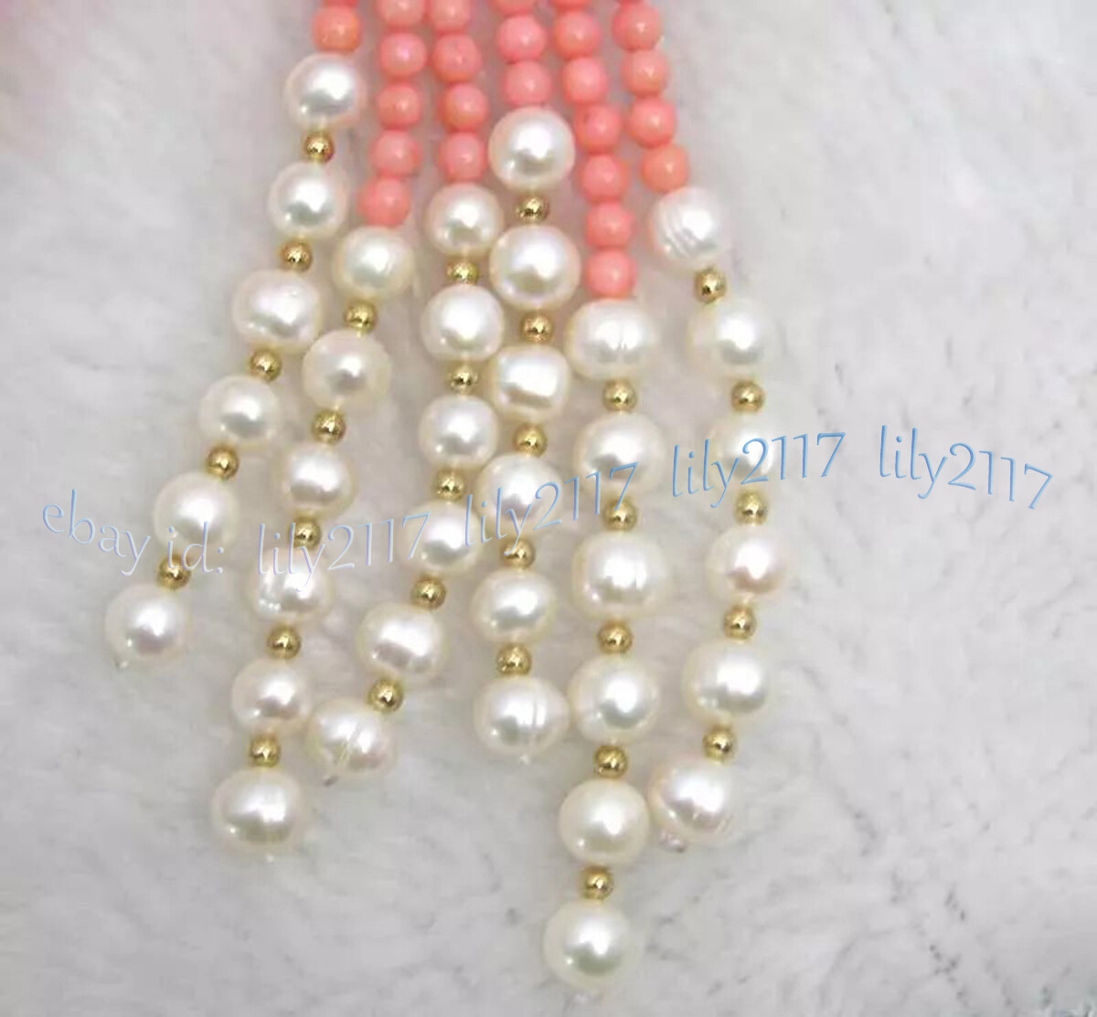 Beauty 3 Strands Natural 4mm Pink Coral White Freshwater Pearl Necklace 50 inch
