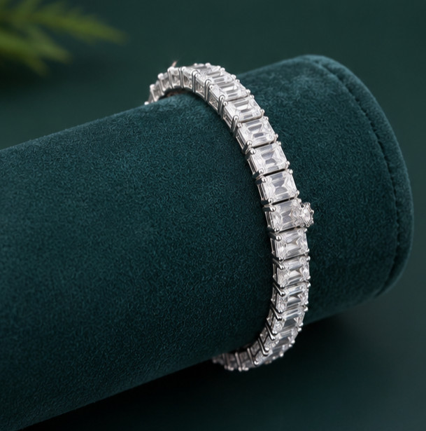 7ct Emerald Cut Simulated Diamond Sparkling Tennis Bracelet 14KWhite Gold Plated