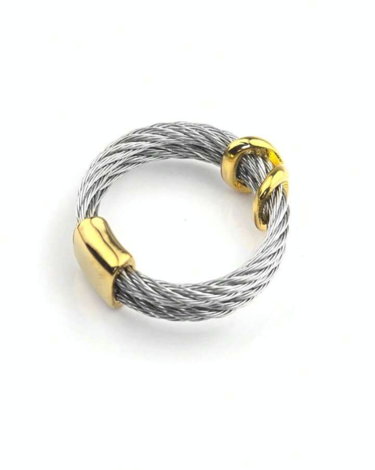 Contemporary Stainless Steel Cable Ring Gold Crisscross Accent