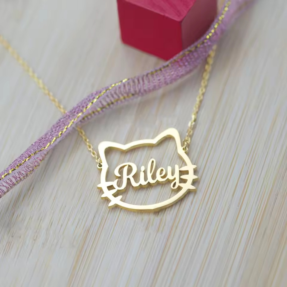 Custom Name Cat Shape Necklace Pendant Jewelry Stainless Steel Gift Silver Gold