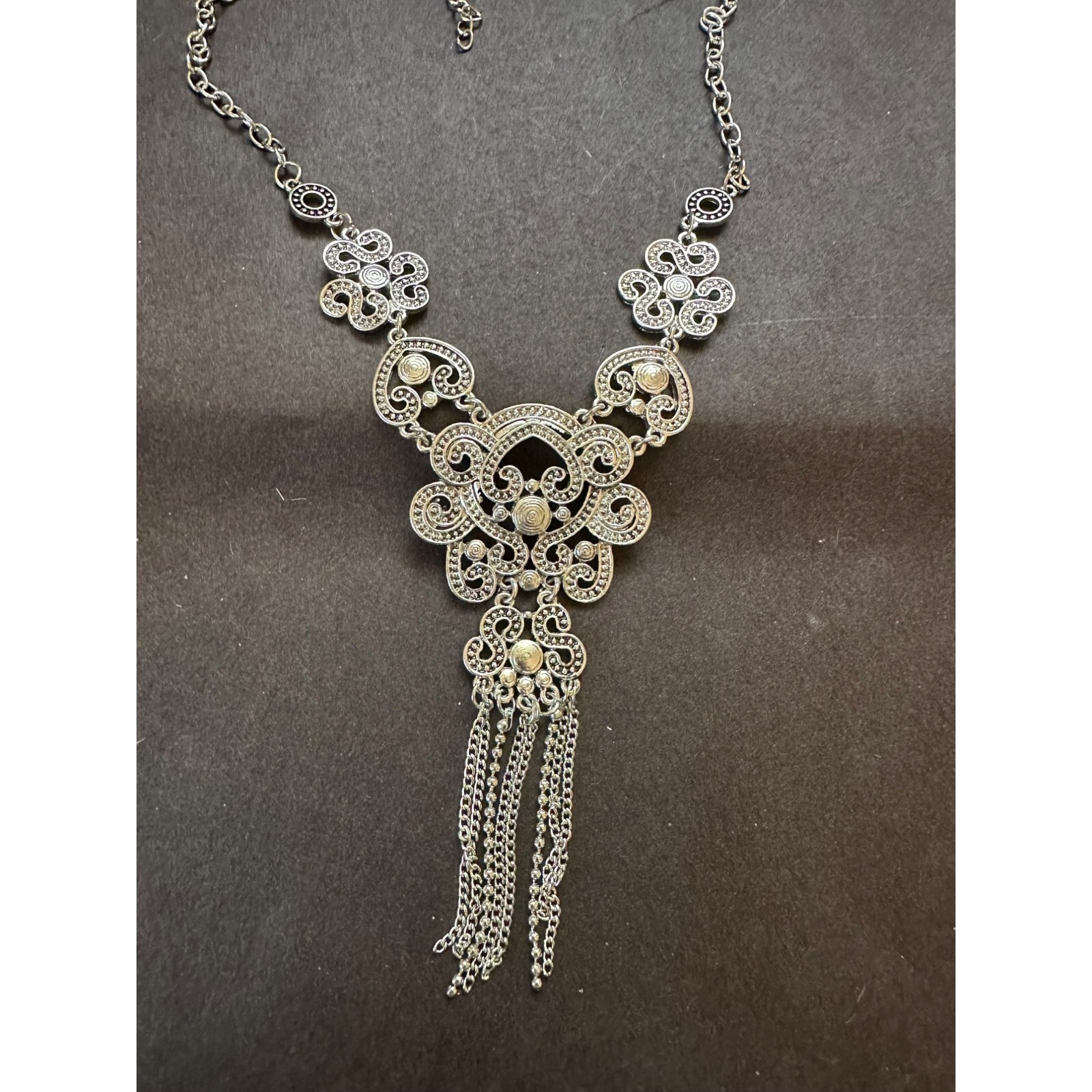 Antiqued Silvertone Filigree Necklace With Tassel Design Hearts S’s Scrolls
