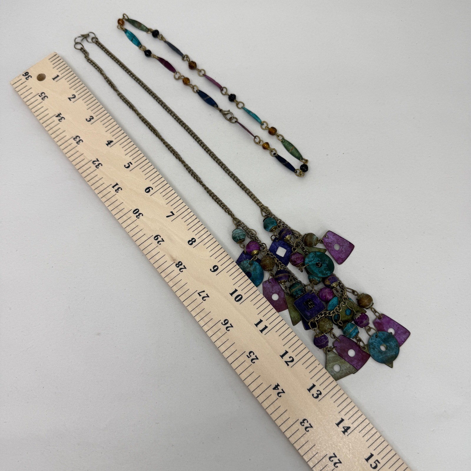 Painted Metal Bib Necklace & Dangle Earrings Jewelry Set of 3 Vintage 80s