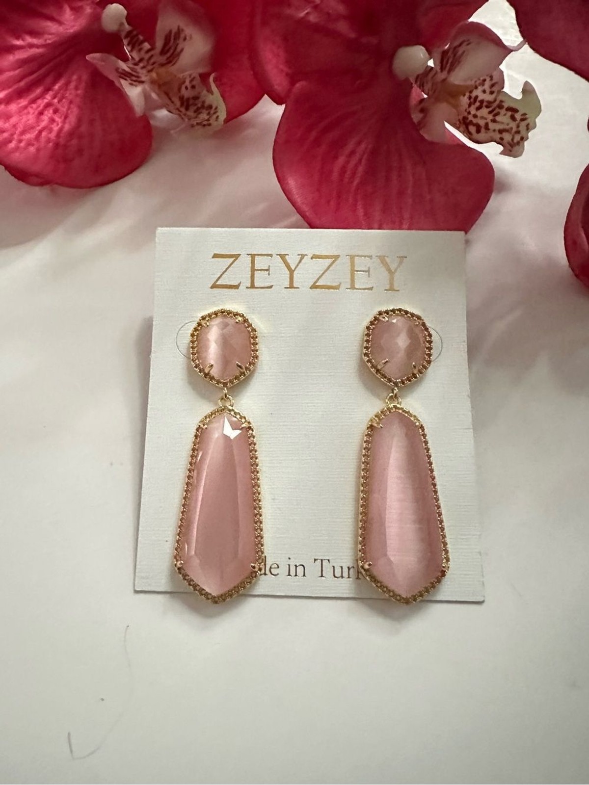 Pink Gold-Tone Long Double Drop Stone Stud Earrings Made in Turkey NWT