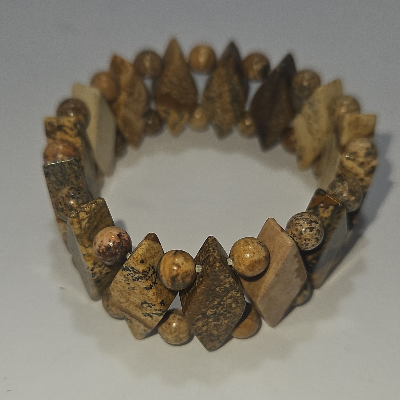 Brown & Beige Stone Beaded Stretch Bracelet, Diamond Shape, Slip-On