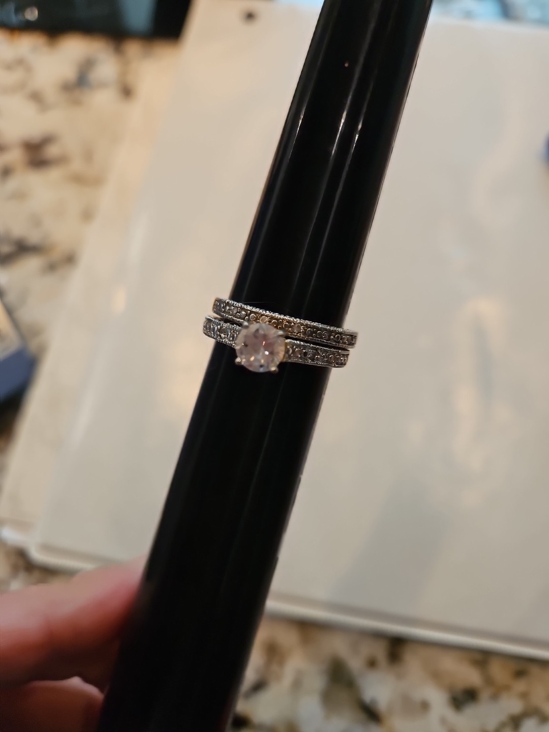 2pc Band & Solitaire Ring sz 8-8.25, No Hallmark gold tone CZ Crystal rhinestone