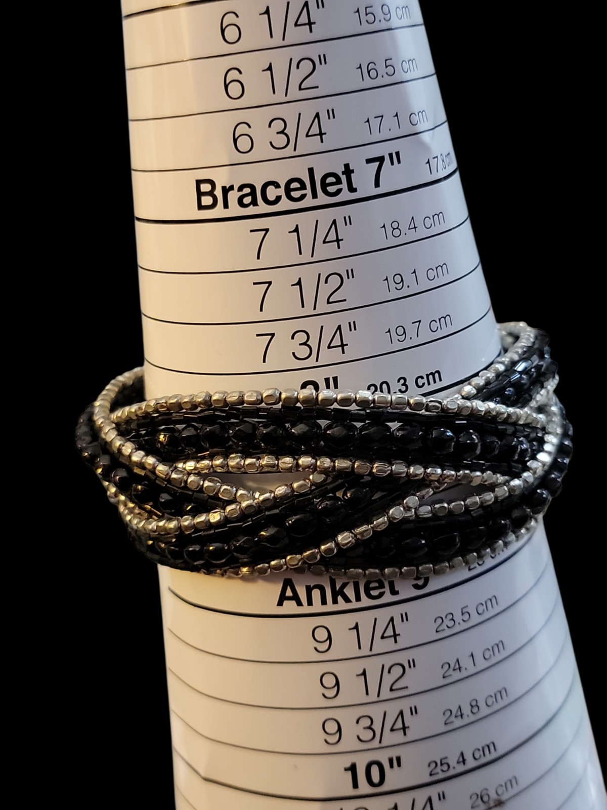 Glamour Triple Twisted Black Silver Tone Wire Cuff Faceted Beaded Bracelet