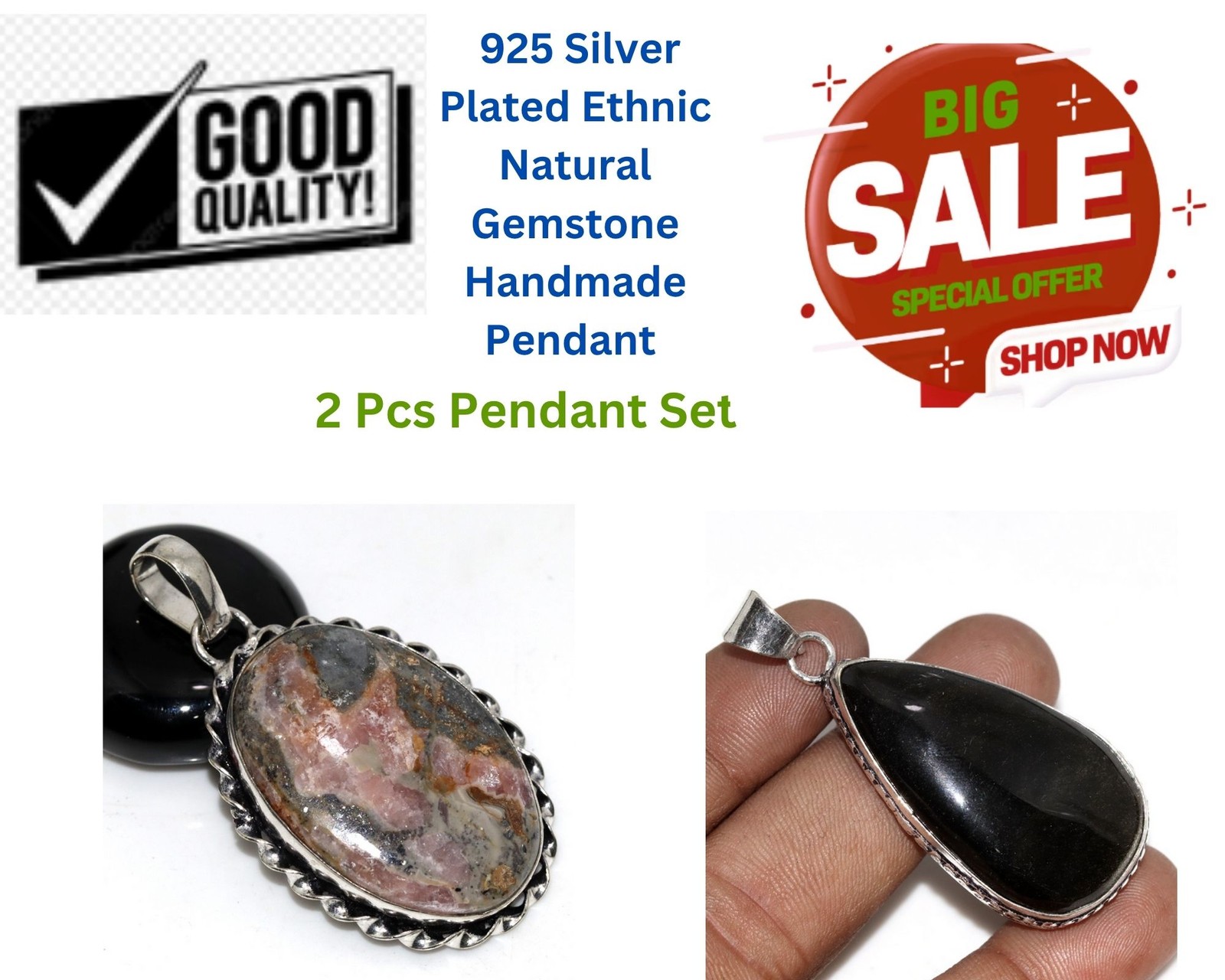 Pyrite In Rhodochrosite, Obsidian 2 Pcs Pendant Set | Combo Set 2.1|2.1″ JW