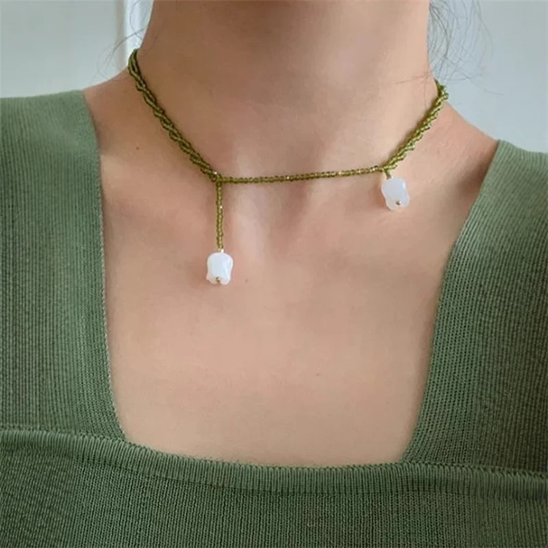 Olive Green Crystal Beaded Double Layer Lily of the Valley Necklace for Women