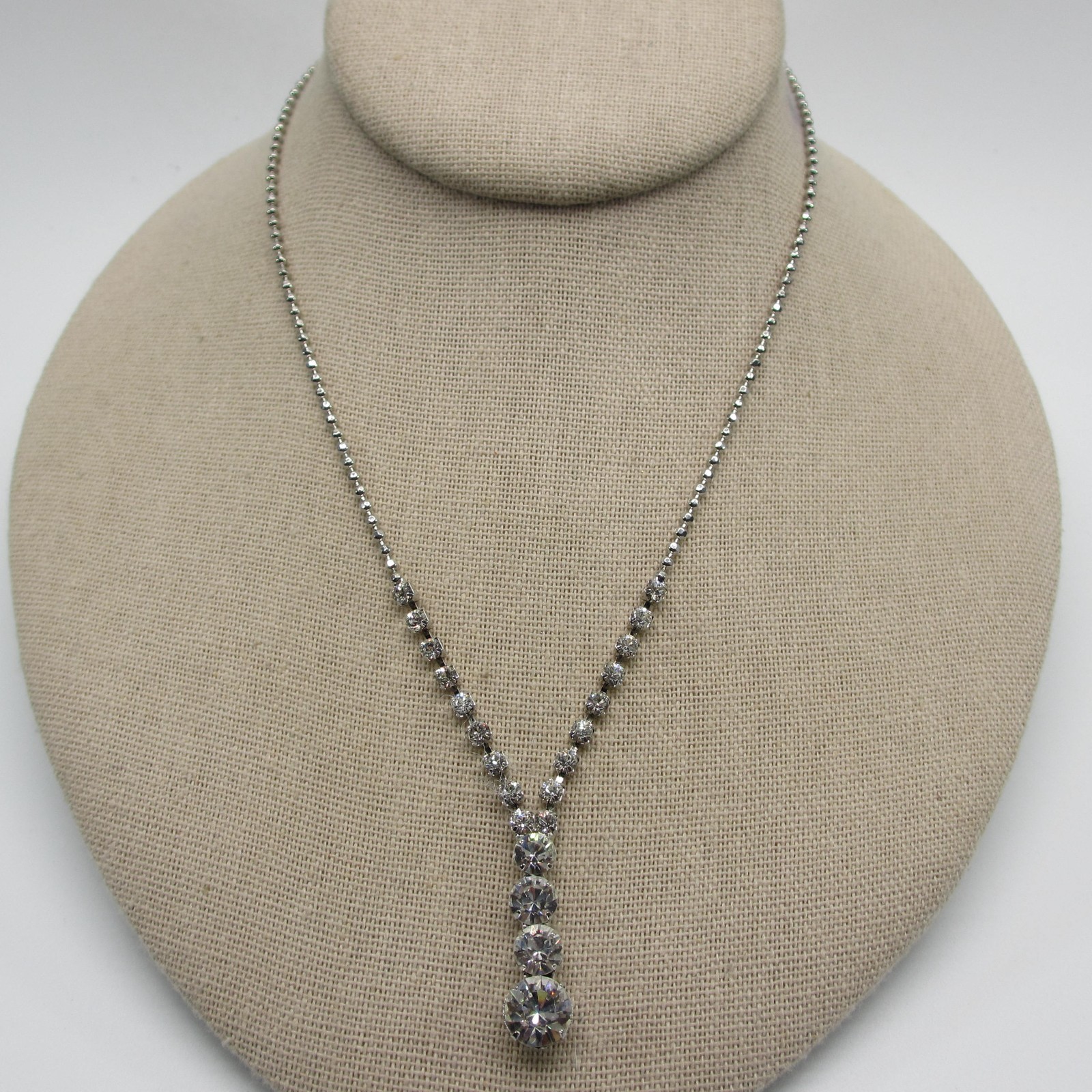 Rhinestone Necklace Y Drop Silver Tone 18 Inch
