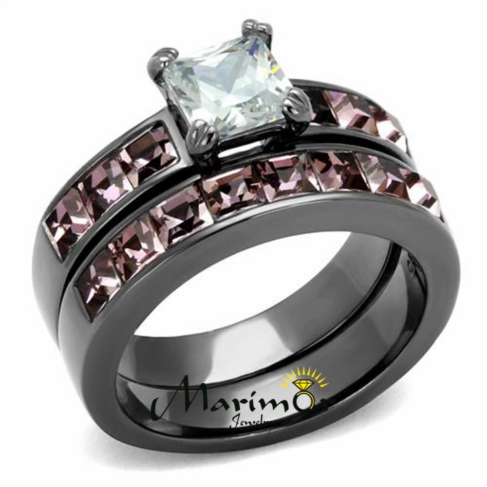 Women’s 3.75 Ct Princess Cut AAA CZ Light Black Stainless Steel Wedding Ring Set