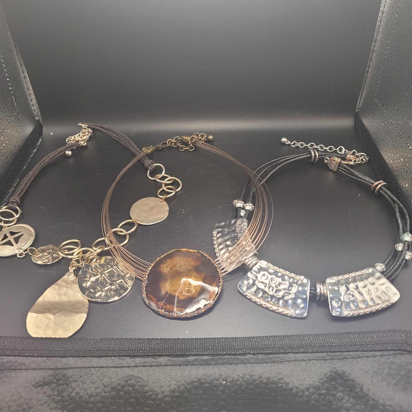 Lot of 3 Chico’s Necklaces Gold Tone-Faux Hammered Silver Brown Stone 16 & 19 in