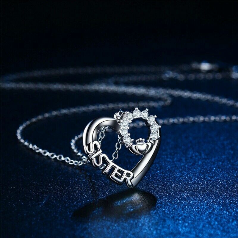 Elegant 925 Sterling Silver Love Heart Sister White Topaz Fashion Charm Necklace