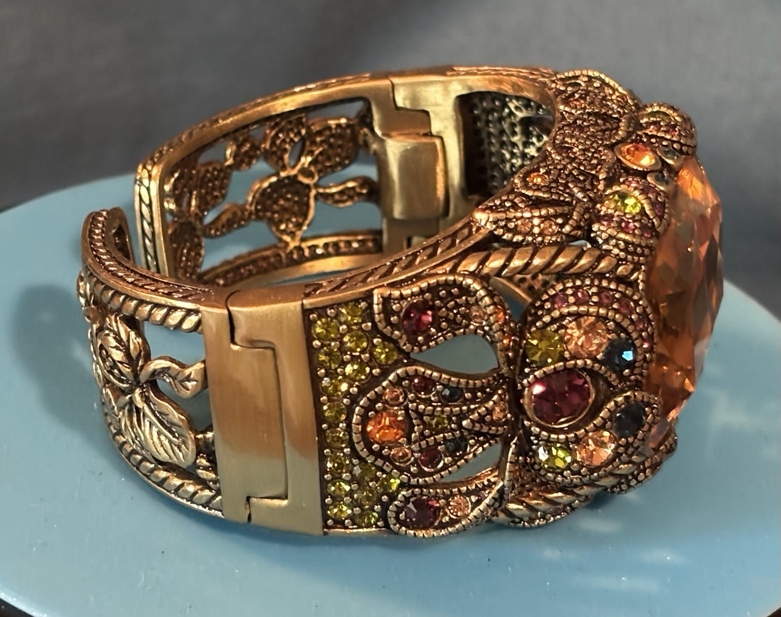 Heidi Daus Signed Adjustable Bracelet & Ring Set Gold Tone Orange Crystal