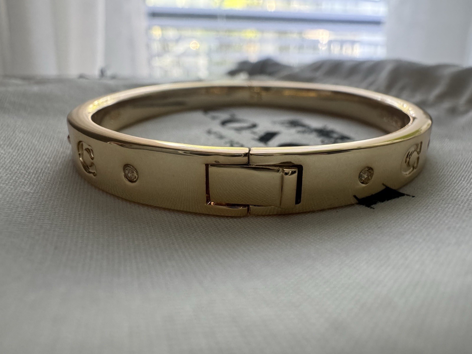 Coach Gold Tone Hinged Bangle Bracelet, Signed Logo