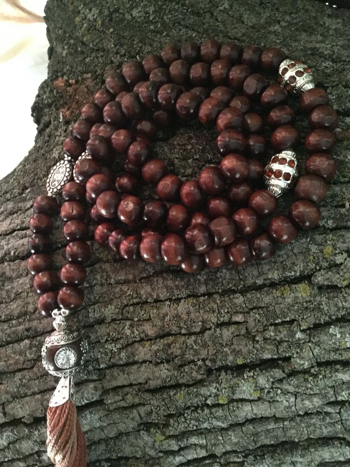 Brown Handmade Wood Mala 108 Beads Light Wood Mala with Indonesian Beads