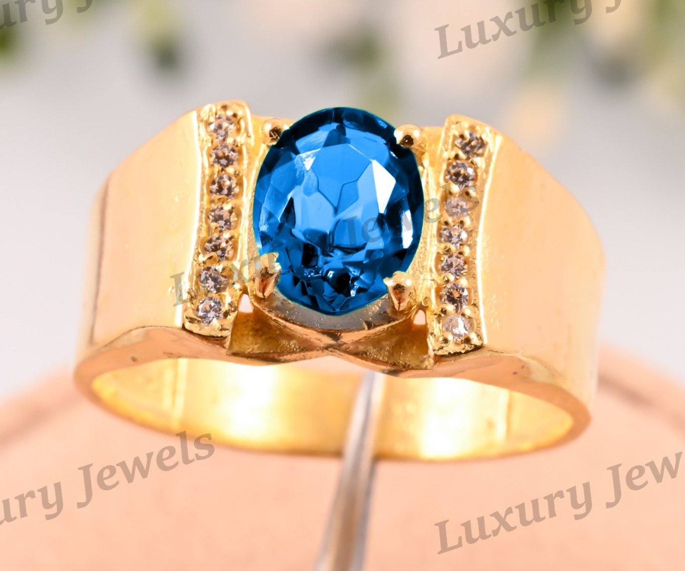Swiss Blue Topaz Ring for Men 925 Sterling Silver Vintage Handmade Jewelry Fash