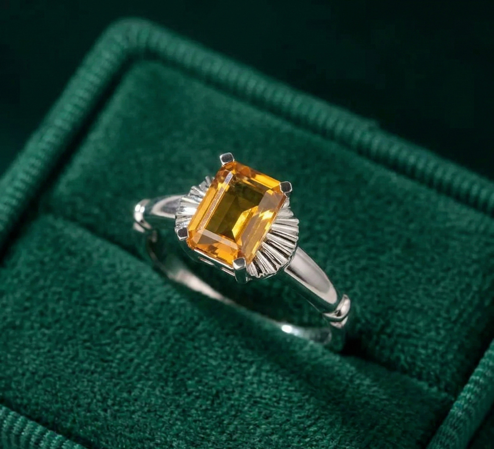 Art Deco Emerald Citrine Ring, Sterling Silver Fan Statement, November Ring
