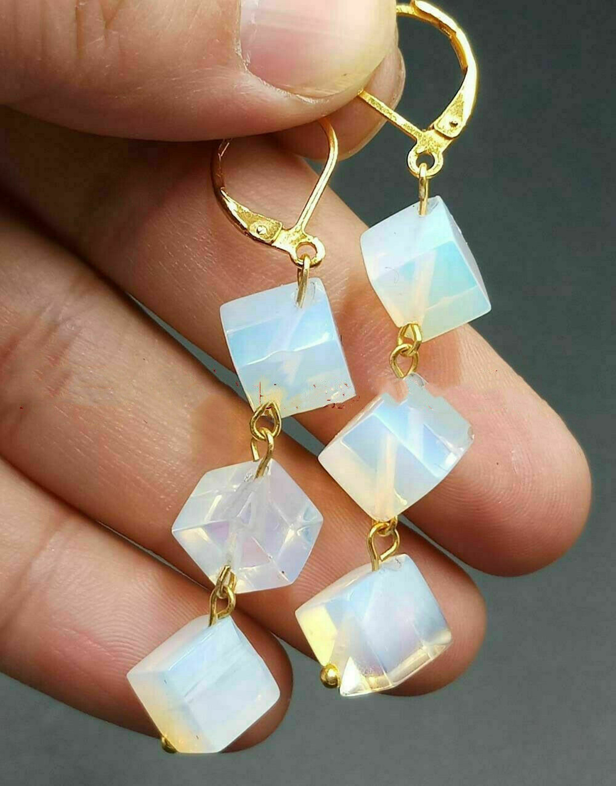 Attractive 8x8mm Sri Lanka Moonstone Square Bead Drop/Dangle Earrings