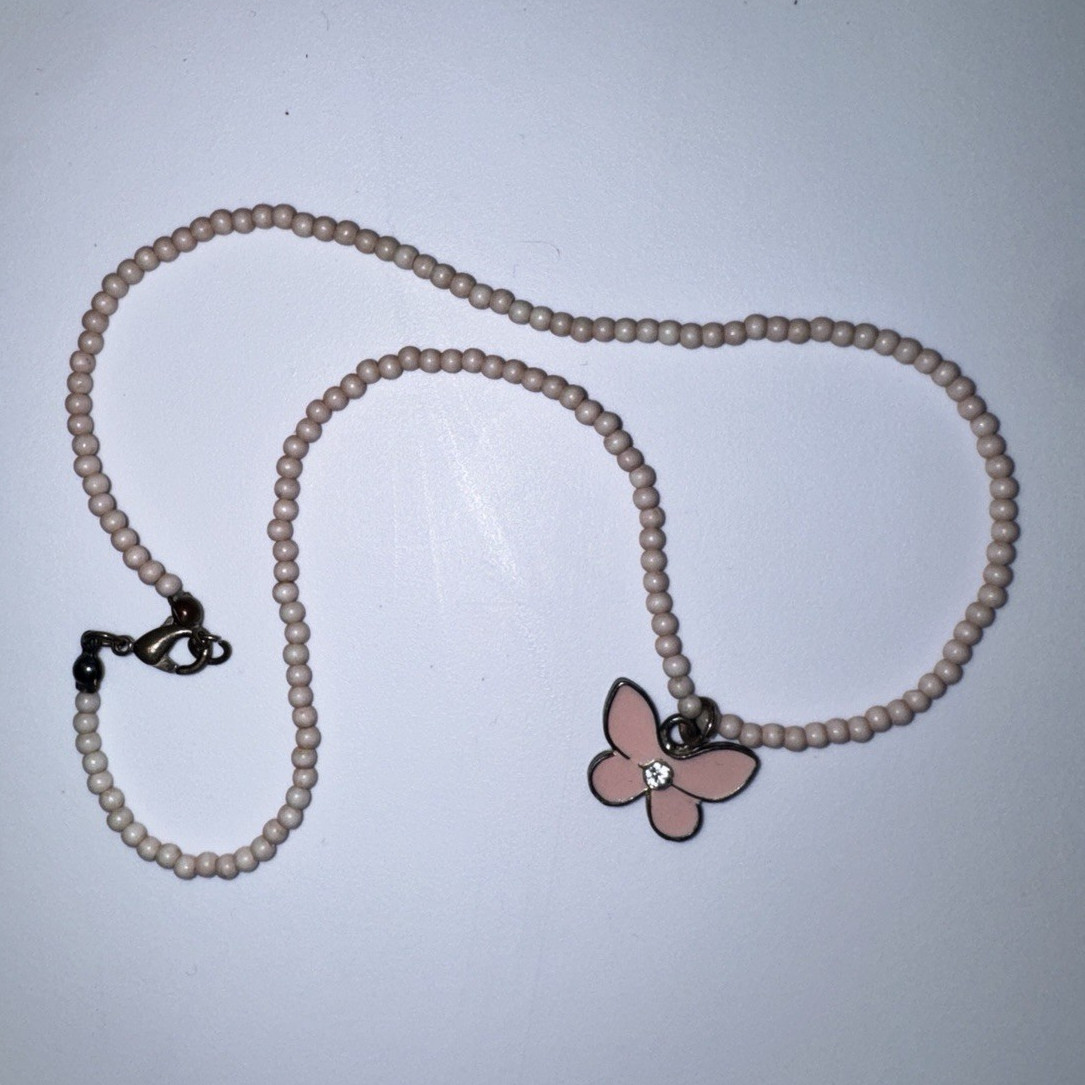 Pink Beaded Ball/Bead Necklace Butterfly Charm Pendant Clear Crystal