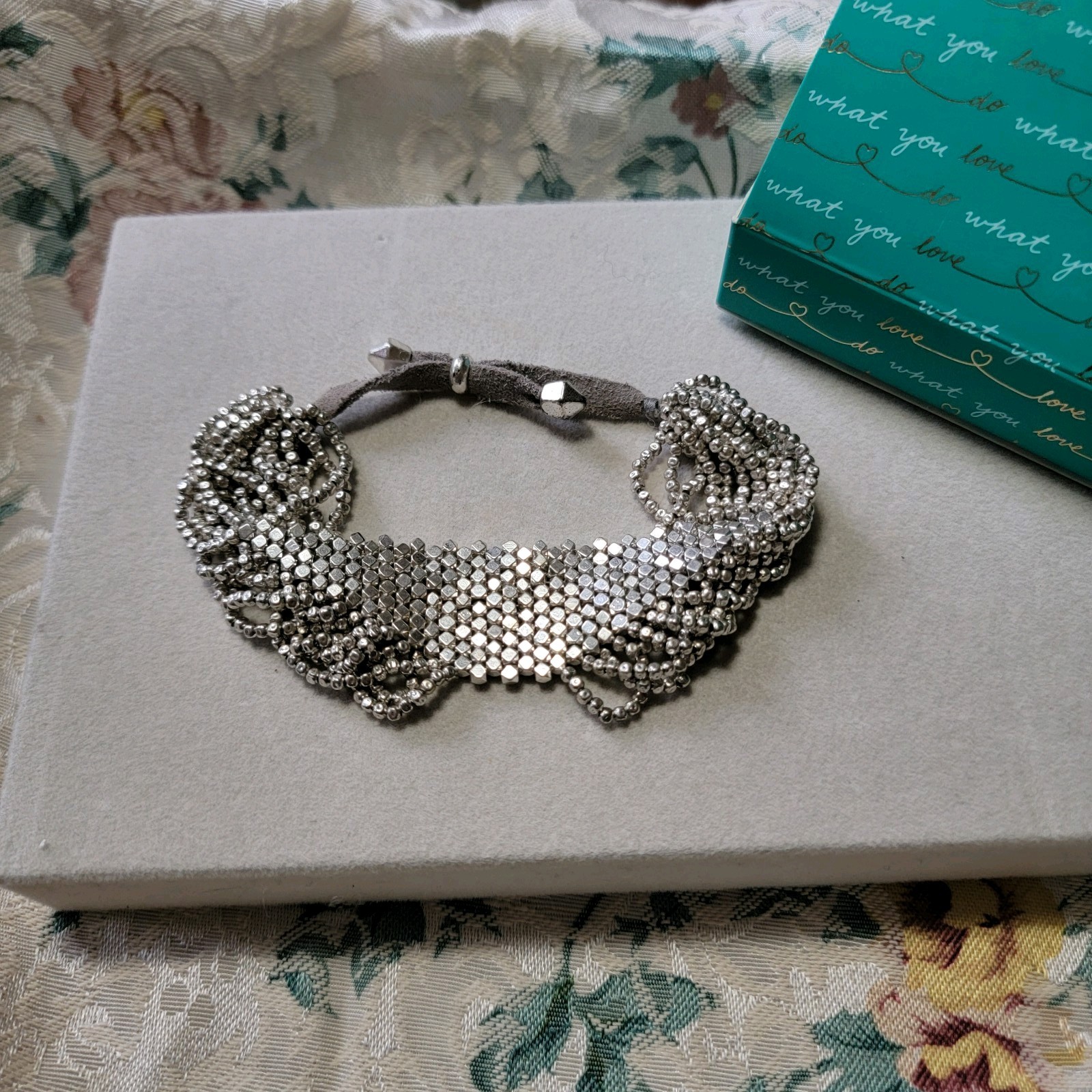 Stella & Dot Vera Bracelet Silver Tone With Taupe Leather Ties Adjustable