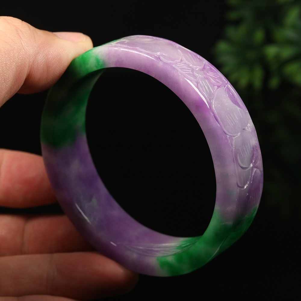 60mm Lavender Purple Green Jadeite Jade Bangle Bracelet Ruyi Flower Bat A-15045