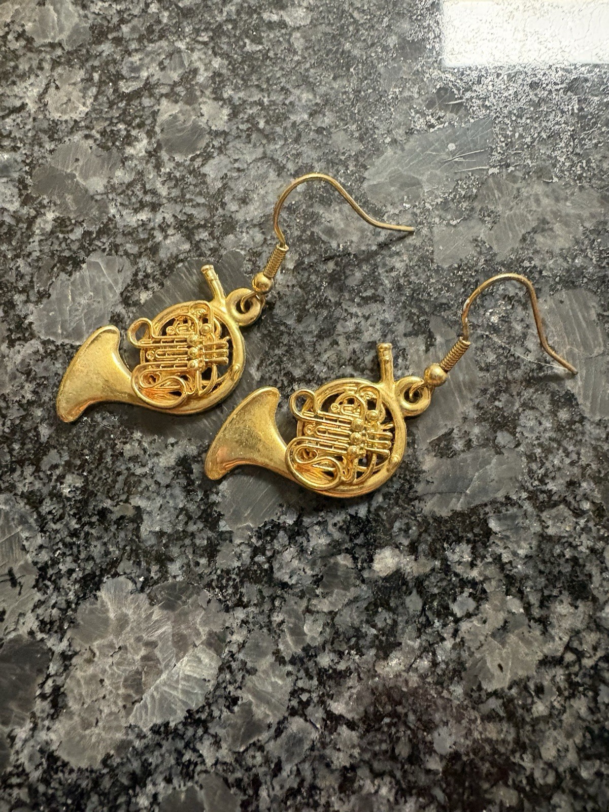 Gold Tone French Horn Dangle Drop Hook Earrings, Music Theme, No Stone