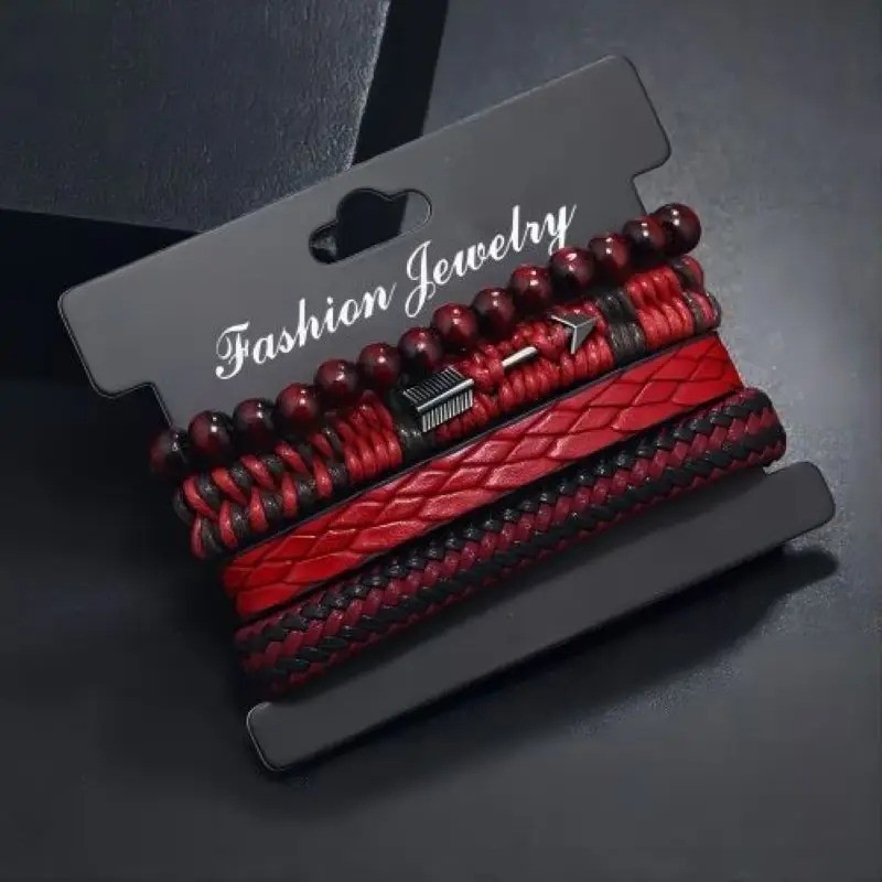 Men Vintage Leather Bracelet Cupid Arrow Wood Bead Hand Woven Retro Fashion