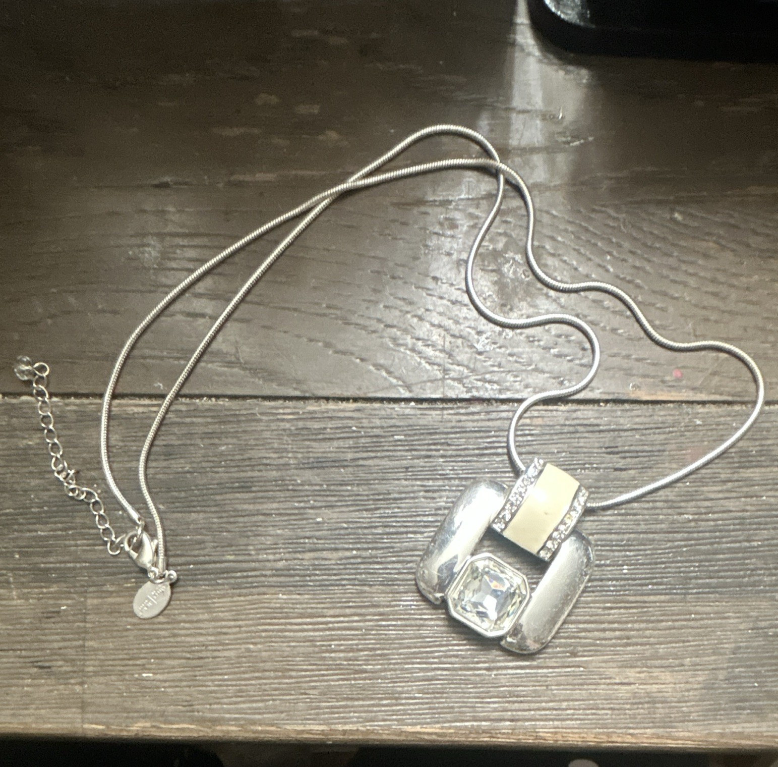 White House Black Market Silver Tone Chain Necklace Square Crystal Signed