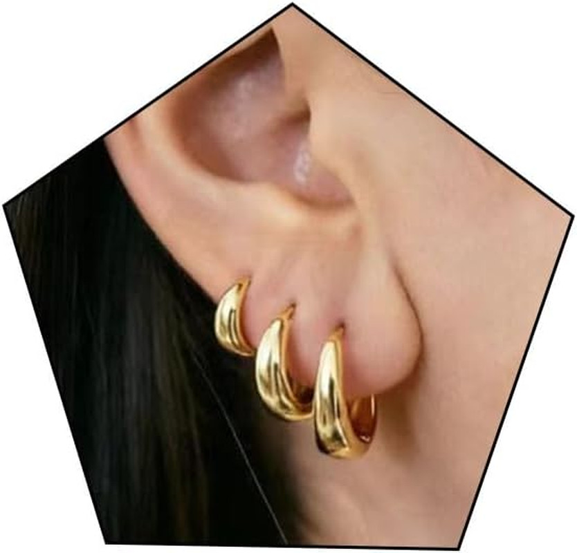 3Pairs Gold Hoop Earrings Set for Women Trendy Small Chunky Thick Huggie Hoops E