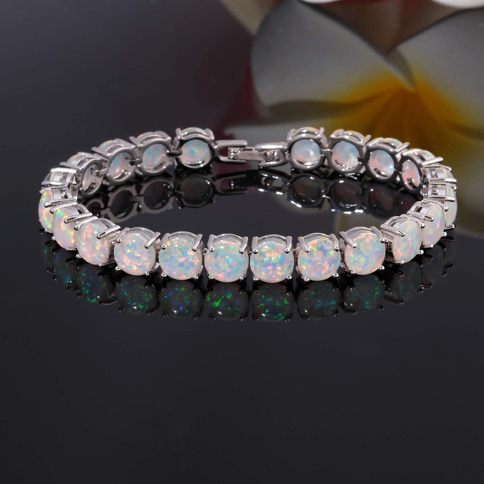 Vikoly Blue/White/Orange/Pink Round 925 Sterling Sliver Fire Opal Bracelet 18cm