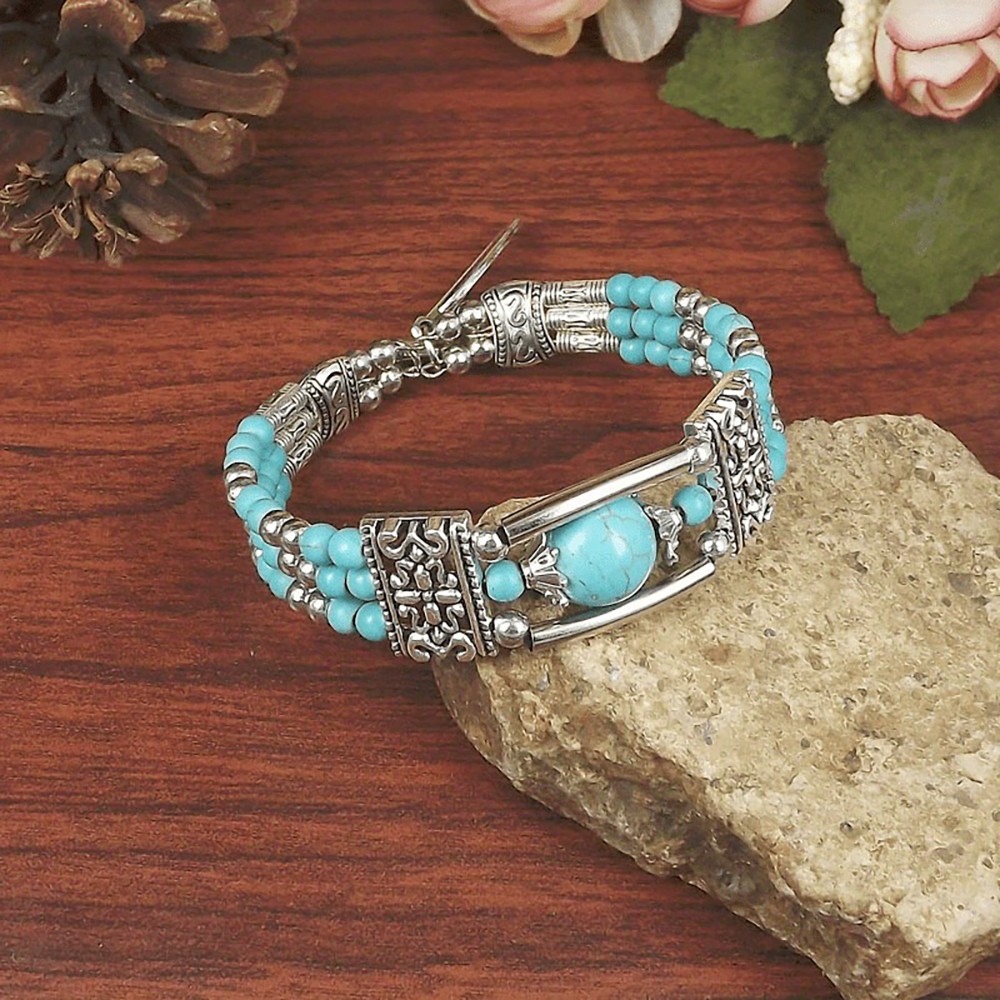 Unisex Bohemian Turquoise Beaded Bracelet Vintage Style Cuff Wrist Accessory