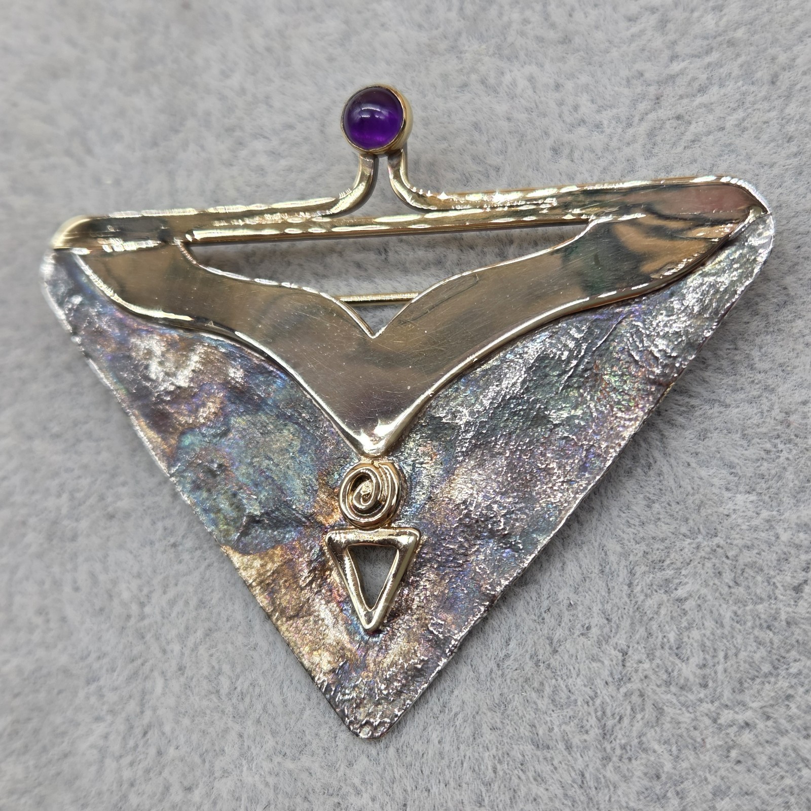 Vintage Sterling Silver & Other Metal Amethyst Stone Triangle Shape Brooch