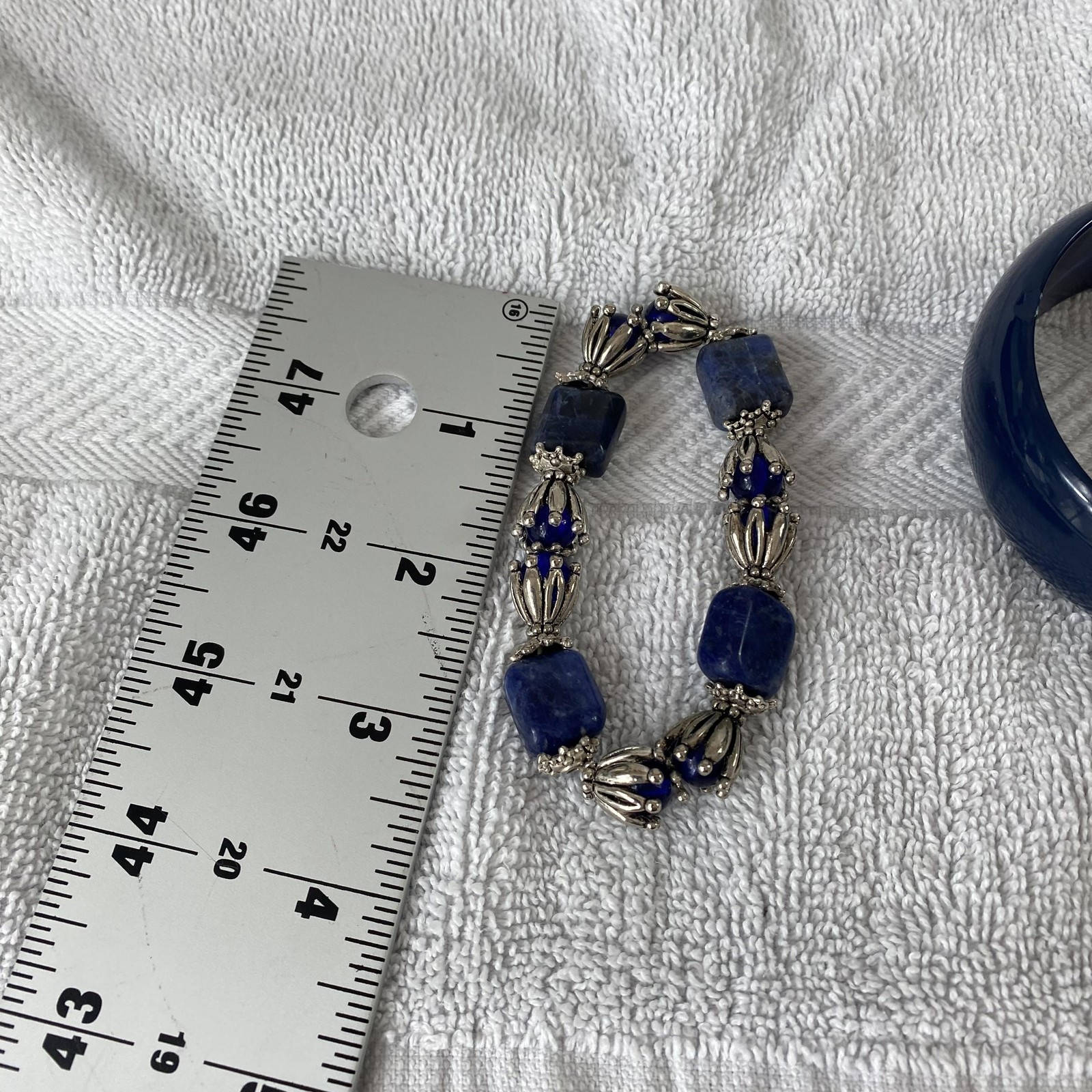 Blue Womens Bracelet Set Lot Of 3 Bangle Gemstone Porcelain Beads Boho 7.8 In