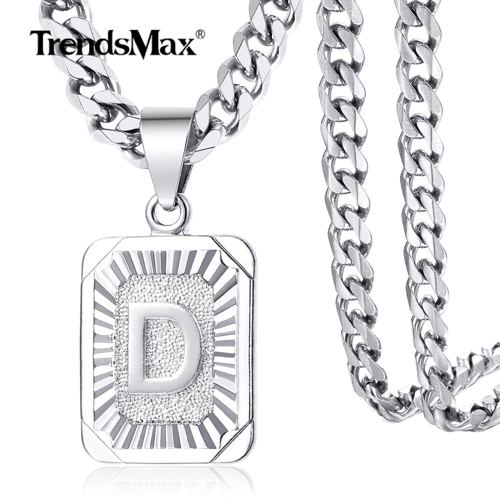 Silver Stainless Steel Initial Letter A-Z Pendant Necklace 5MM 18-26″ Curb Chain