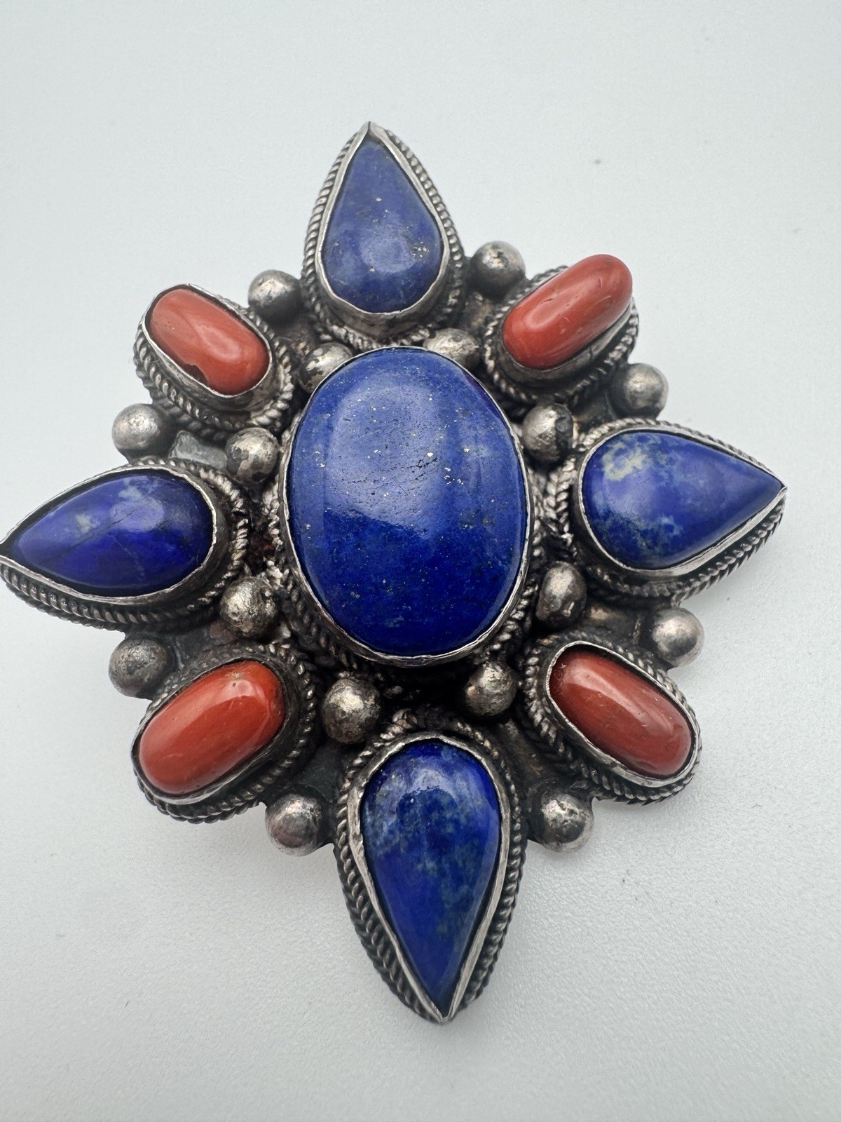 Tibetan Nepal 925 Sterling Silver Lapis & Coral Pendant 49g