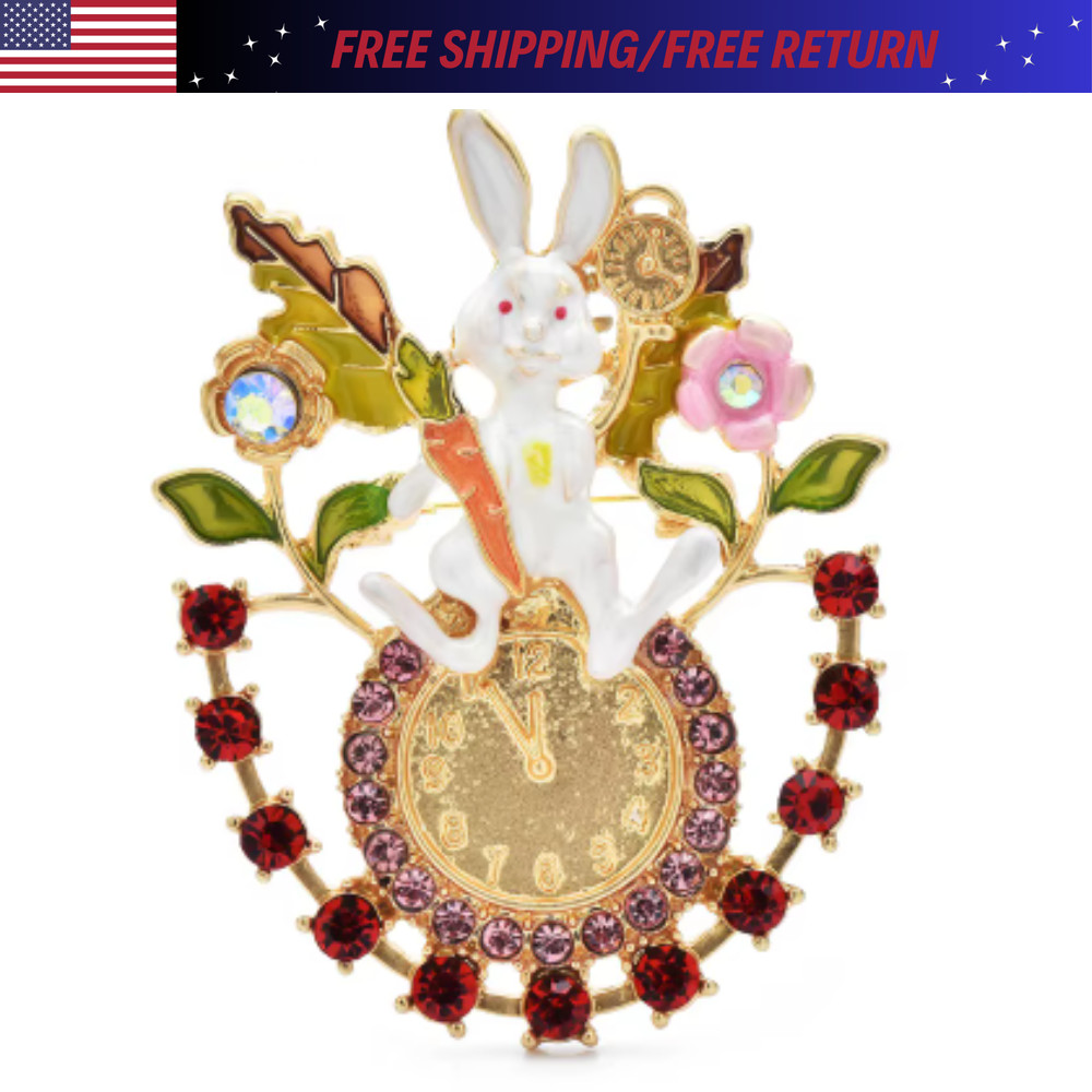 Easter Spring Bunny Brooch Rhinestone Clock Rabbit Animal Pins Gift Jewelry USA