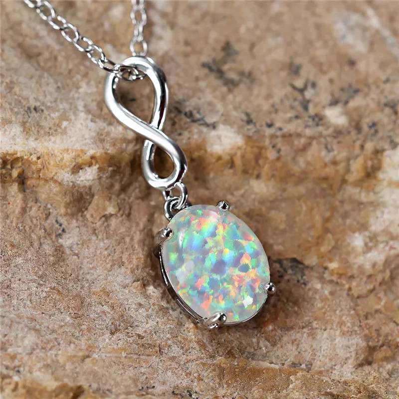 Boho Female Small White Fire Opal Stone Oval Pendant Necklace Silver Color Weddi