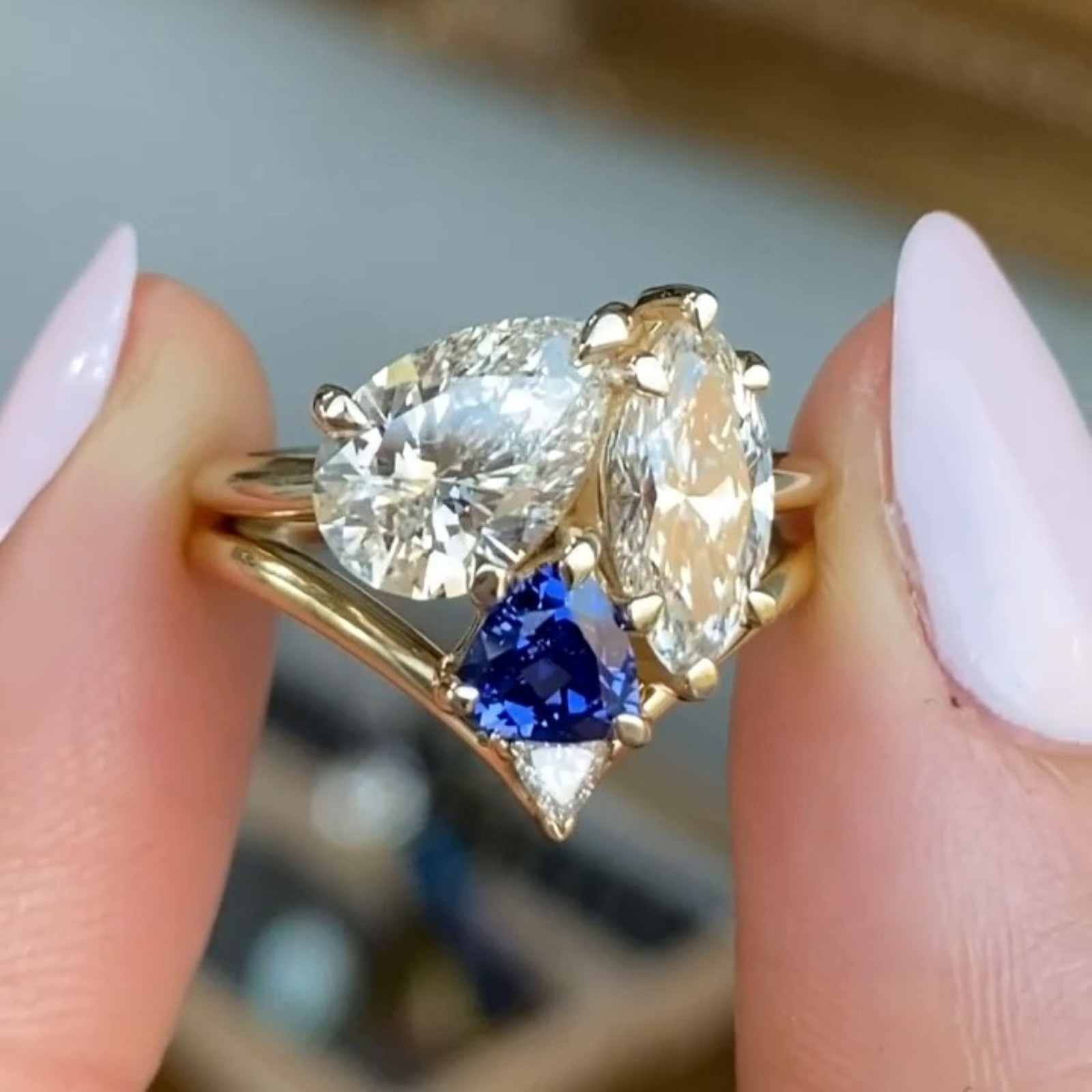 Sapphire Marquise, Pear, Trillion Wedding Ring 14K Yellow Gold Vermeil Ring Set