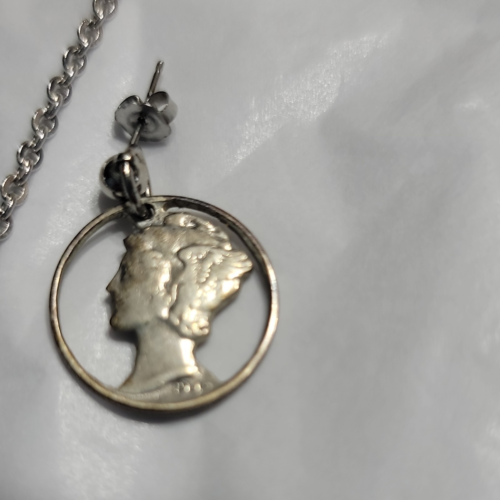 Vintage 1942 Mercury Dime Hand Cut Coin Sterling Silver Necklace & Earrings Set