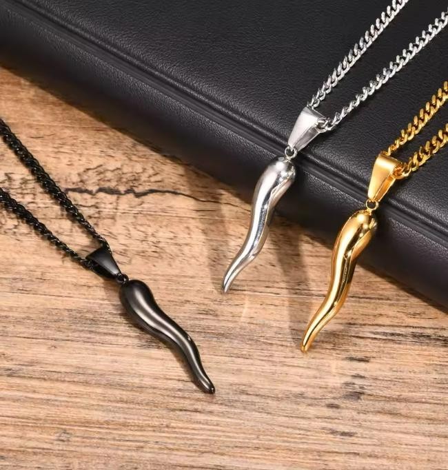 Italian Horn Necklace Stainless Steel Cuban Chain Black Gold Silver Tone Women