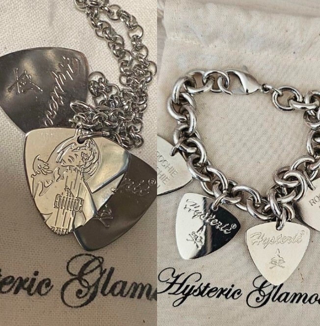 HYSTERIC GLAMOUR Women on Skull Guitar Pick Necklace & Bracelet New 2-piece set