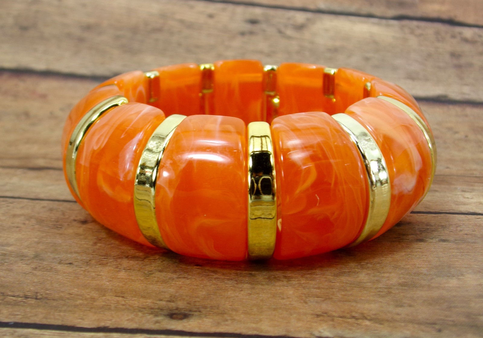 Orange Gold Chunky Stretch Statement Bracelet Bold Fashion Jewelry 1.05″ W NEW