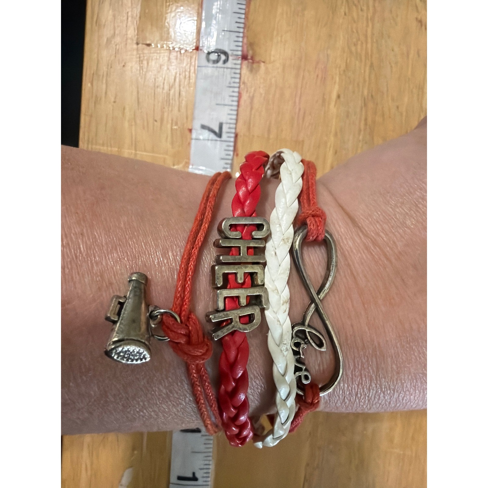 Red White Cheer Infinity Love Megaphone Multi-Strand Braided Bracelet 939