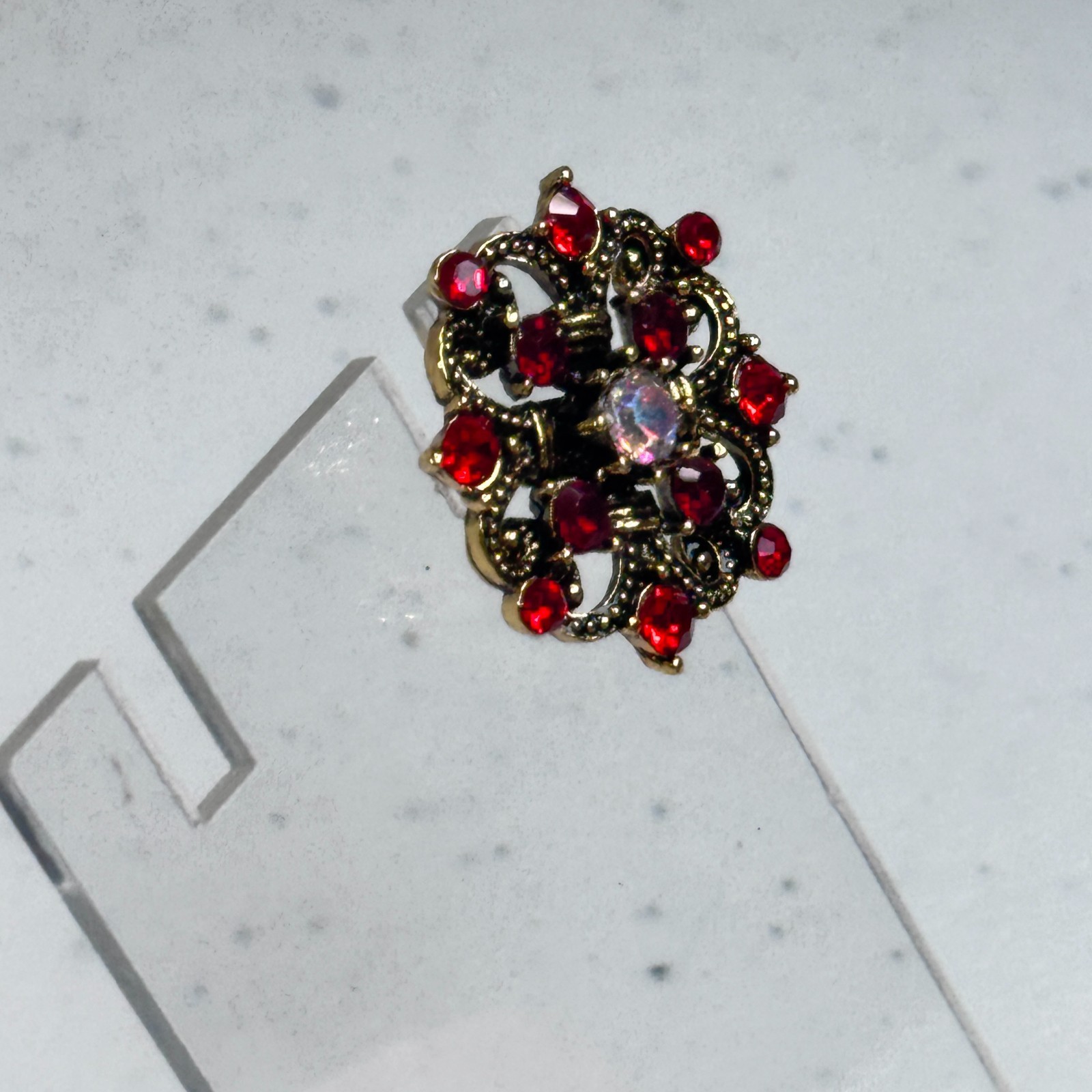 Brooch Red Rhinestone Aurora Borealis Floral Gold Tone Layered Flower 1576-13
