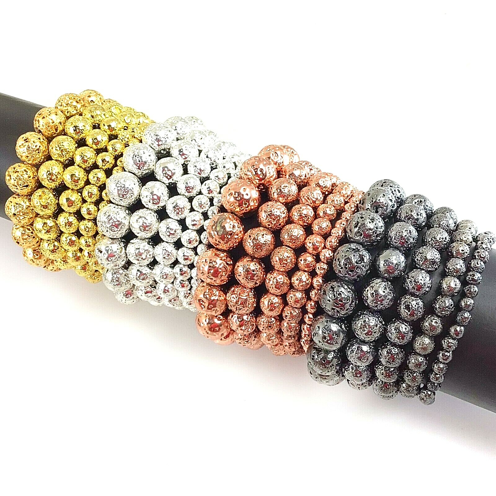 Handmade Gemstone Metallic Lava Men Bracelet Stretch Balance 7.5″ Beaded Chakra